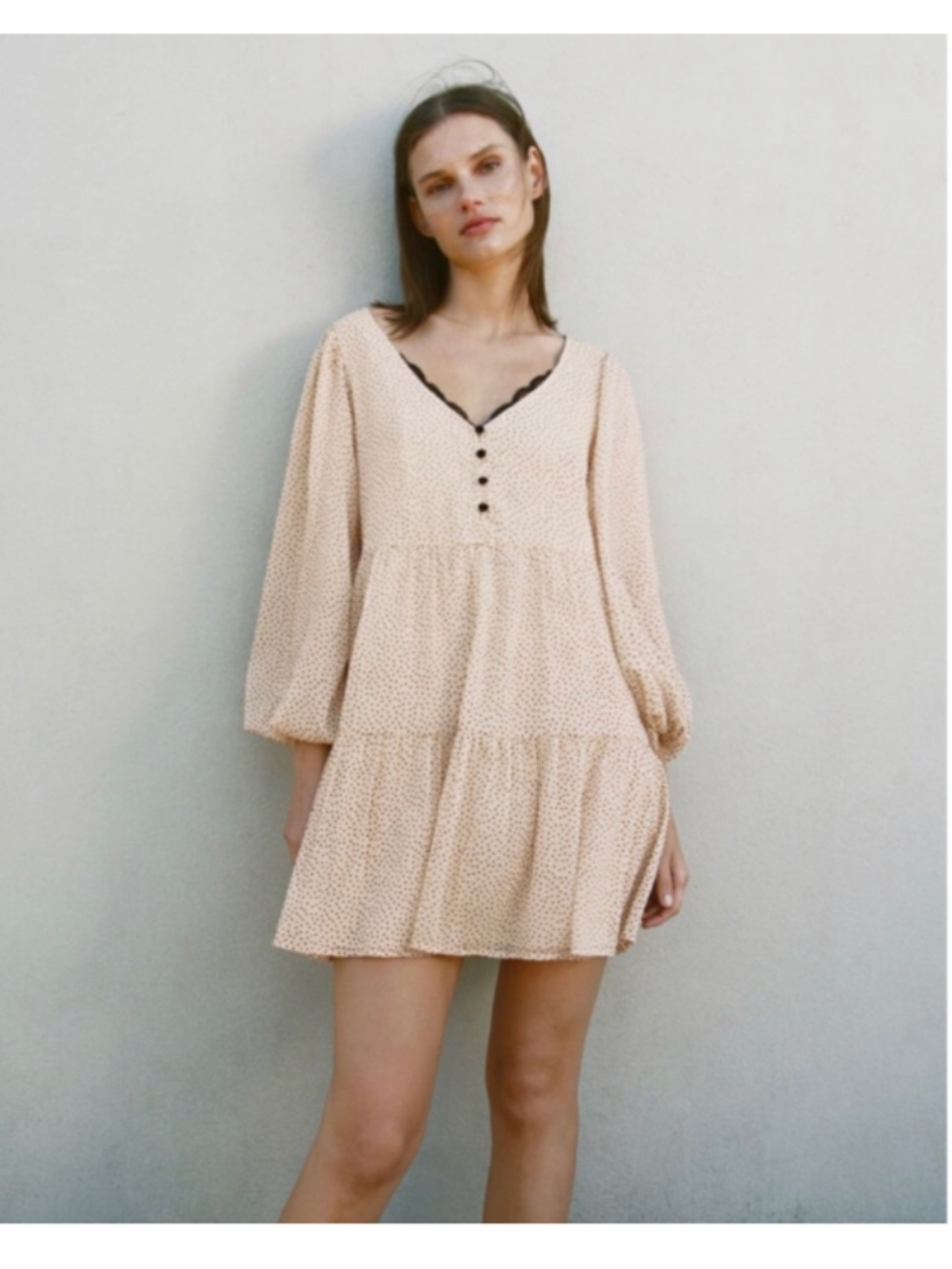 Zara Cream Polka Dot Tiered Mini Dress with Black Lace V-Neck Size XL